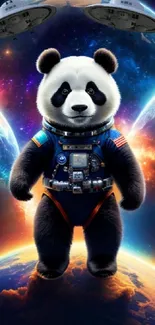 Panda astronaut floating in vibrant space with planets and cosmic background.