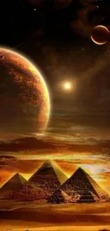 Fantasy wallpaper of pyramids beneath a starry cosmic sky.