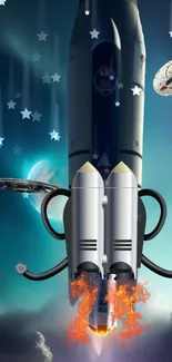 Rocket launch in space with galaxy backdrop.