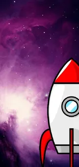 Cartoon rocket against a cosmic starry galaxy.