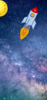 Cartoon rocket exploring galaxy with stars and a bright yellow moon.