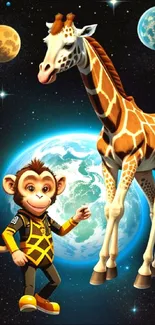 Colorful giraffe and monkey in space with planets and stars.