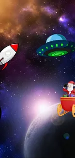 Cartoon space wallpaper with rocket, UFO, and Santa in a sleigh over a planet.