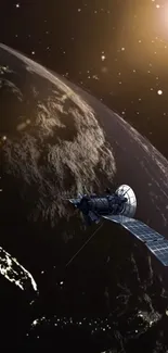 Satellite orbiting Earth with stars and sunlight in space.