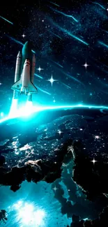 Space shuttle launching above Earth with stars.