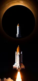 Space shuttle flying near an eclipse in the night sky.