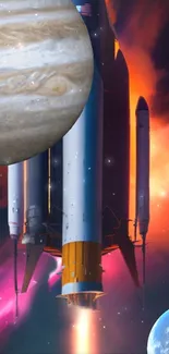 Space shuttle launching with planets backdrop in vibrant colors.