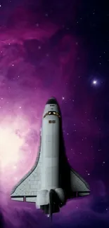 Space shuttle soaring through a vibrant purple galaxy with stars. Cosmic wallpaper.