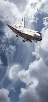 Space shuttle flying through a cloudy sky.