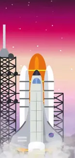 Illustrated space shuttle launch with vibrant magenta sky and launch pad.