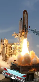 Surreal space shuttle launch with artistic elements in mobile wallpaper.