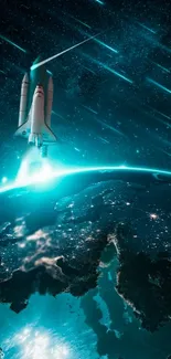 Space shuttle launching over Earth into a starry teal sky.