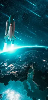 Space shuttle launching into a starry turquoise sky above Earth.