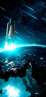 Space shuttle soaring above Earth amidst a backdrop of stars.