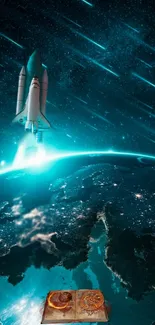 Space shuttle launching over Earth with meteors and starry sky.