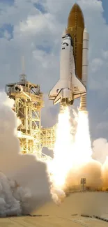 Space shuttle launching with smoke and fire against a cloudy sky.