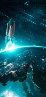 Space shuttle launching above Earth in a teal starry sky.