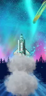 Colorful space wallpaper with rocket launch and nebula.