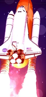 Space shuttle launching with vibrant red-orange flames.