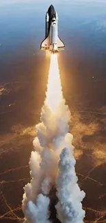 Space shuttle launching into the sky with a trail of smoke.