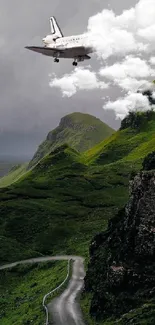 Space shuttle flies over lush green hills.