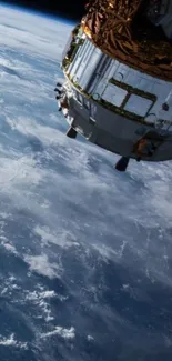 Space station views Earth against deep blue ocean and swirling clouds.