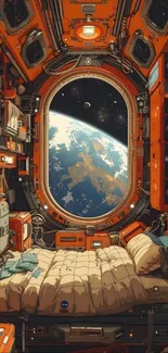 A cozy space station room with Earth visible through the window.