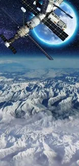 Space station orbiting above Earth's snowy landscape with a blue cosmic background.