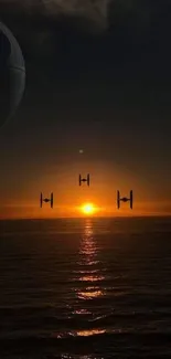 Spaceships fly across a sunset over the ocean, with a sci-fi theme.