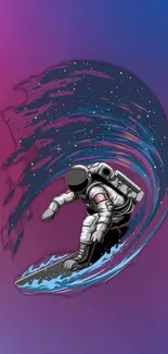 Astronaut surfing a cosmic wave with a galaxy backdrop wallpaper.