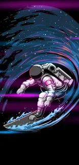 Astronaut surfing cosmic waves in space-themed wallpaper.