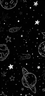 Black wallpaper with space theme and celestial drawings.