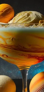 Creative space and cocktail-themed mobile wallpaper with vibrant planets.