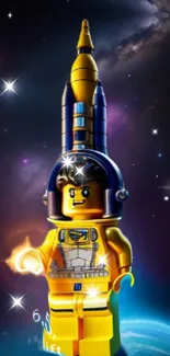 LEGO minifigure in space with rocket background, stars, and galaxies.