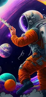 Astronaut plays guitar in colorful space scene with planets and stars.