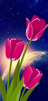 Vibrant tulips with a space and planet background.