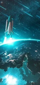 Space shuttle launch over Earth with a dark teal starry sky.
