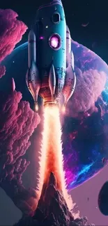 Vibrant sci-fi rocket launching into space with colorful cosmic backdrop.