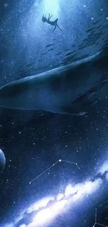 Whale swimming through starry space with celestial background.