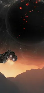 Spaceship flying near alien planet with vibrant space background.