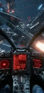 View from a spacecraft cockpit in space with high-tech controls and battle.