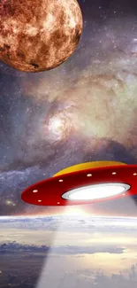 UFO flying through space with planet and galaxy in the background.