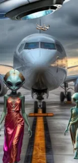 Aliens on runway with airplane and UFO in sky.