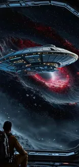 View of a spaceship and nebula from a window in space.