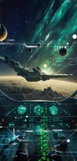 Spaceship cockpit with stunning space view and planets.
