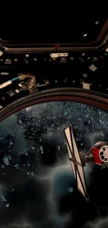 Spaceship view through a space station window with a galaxy backdrop.