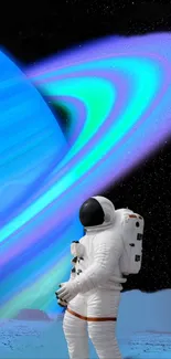 Astronaut standing before a glowing Saturn with rings, under a starry sky.