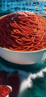 Giant bowl of spaghetti afloat in a blue ocean scene, creating a surreal image.