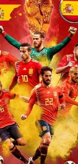 Dynamic Spain football team wallpaper in vibrant red celebrating soccer.