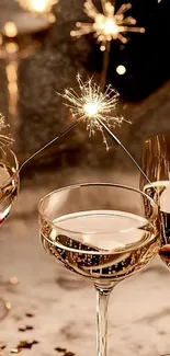 Elegant celebration wallpaper with glasses and sparklers.